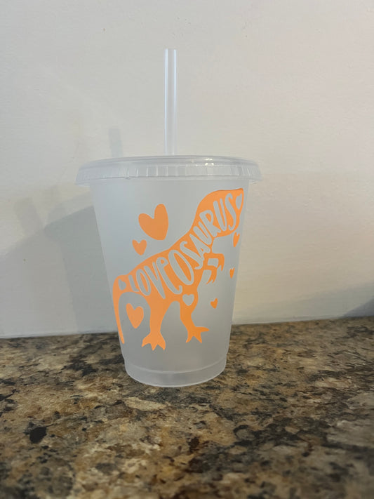 Glow in the dark “loveosaurus” 16oz plastic reusable cup